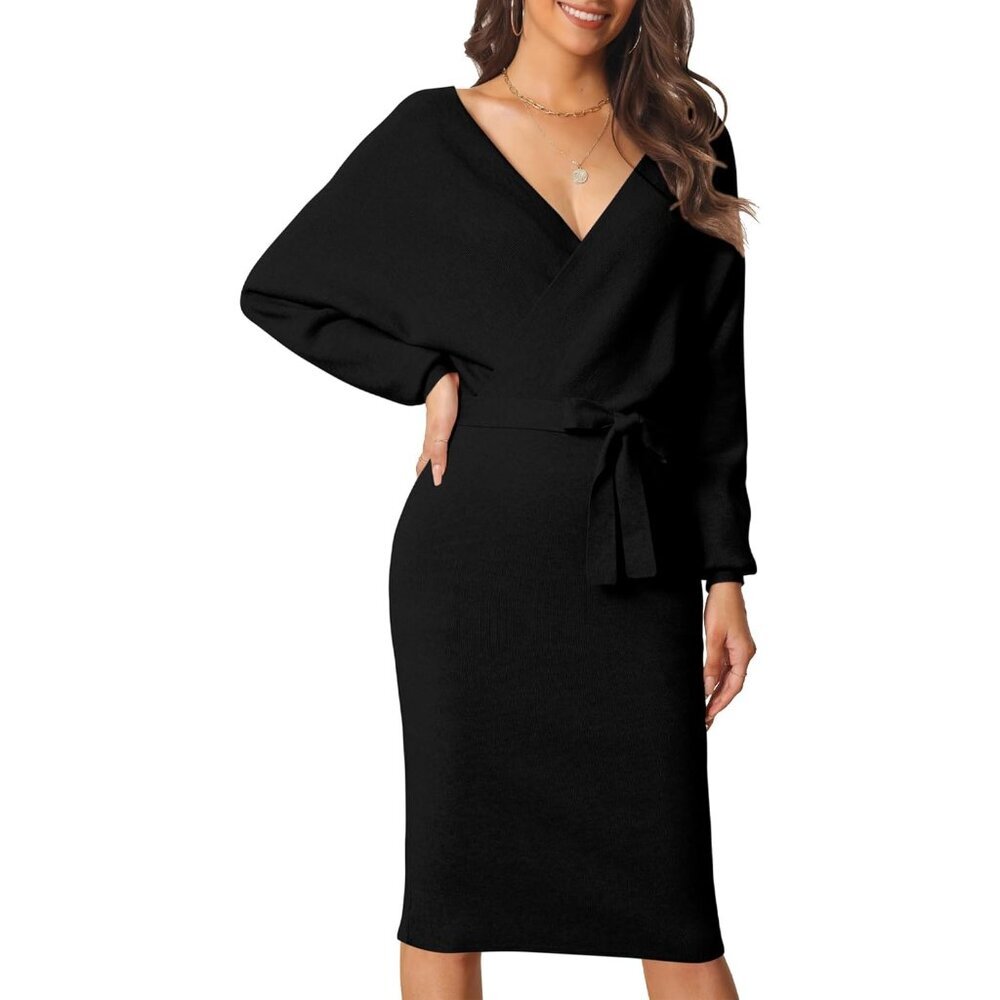 Women's V Neck Sweater Dress Knit Midi With Belt Long Sleeve Fall Casual